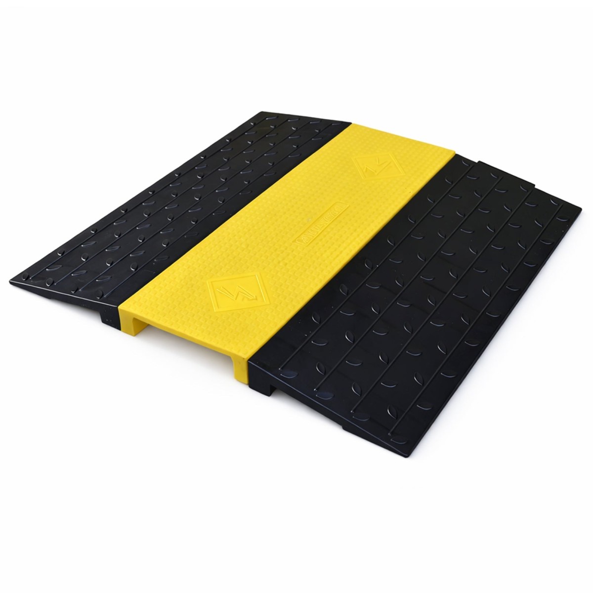 Rolstoelvriendelijke 5-kanaals kabelbrug van gerecycled rubber. Flauwe oprijhoek, antislip en belastbaar tot 8 ton. Voor binnen en buiten.