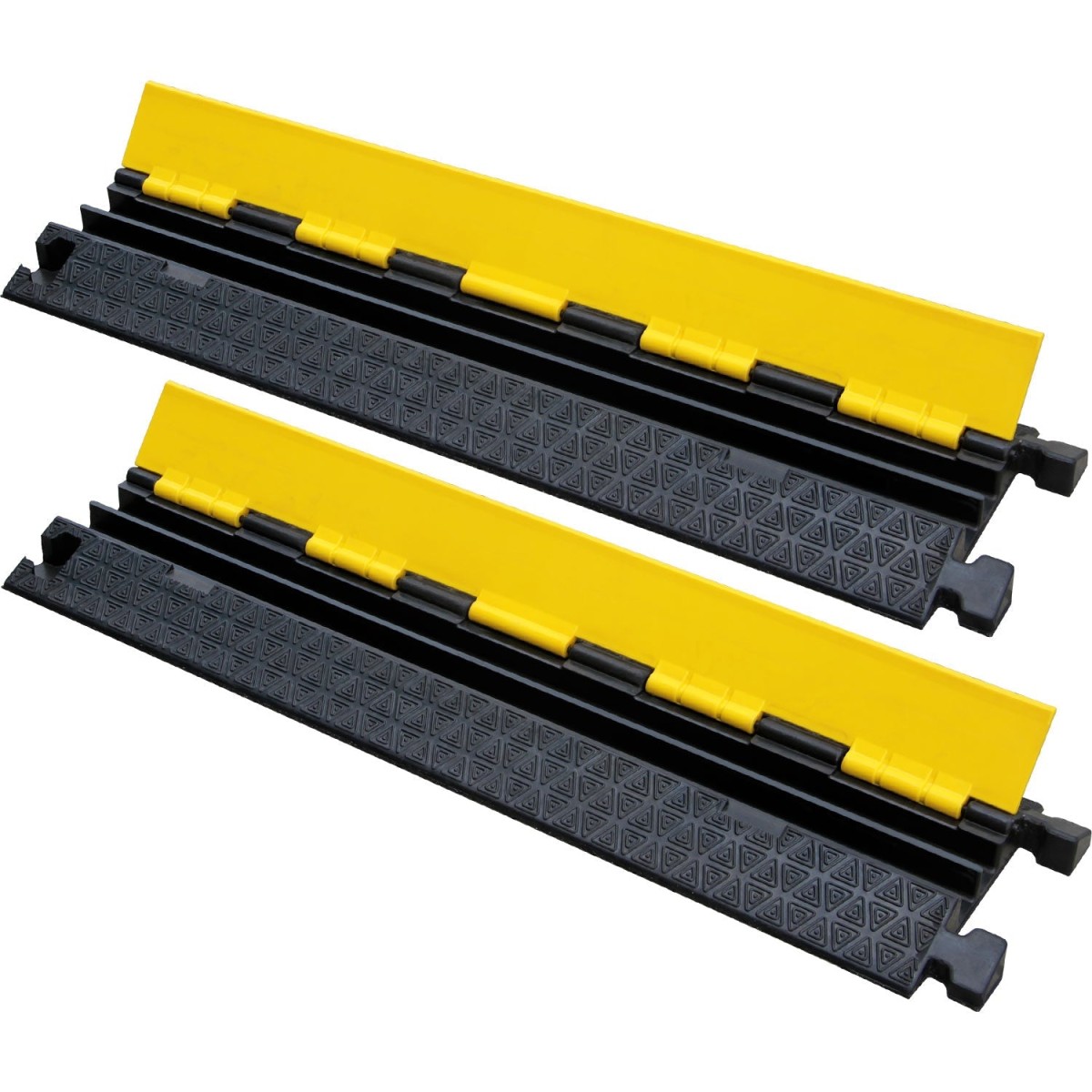Robuuste kabelgoot met 2, 3 of 5 kanalen, gerecycled rubber en geel antislipdeksel. Ideaal voor kabelbescherming bij evenementen en podia.